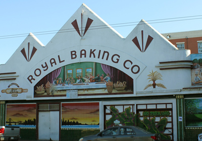 exterior view of bakery and dramatic pointed roof